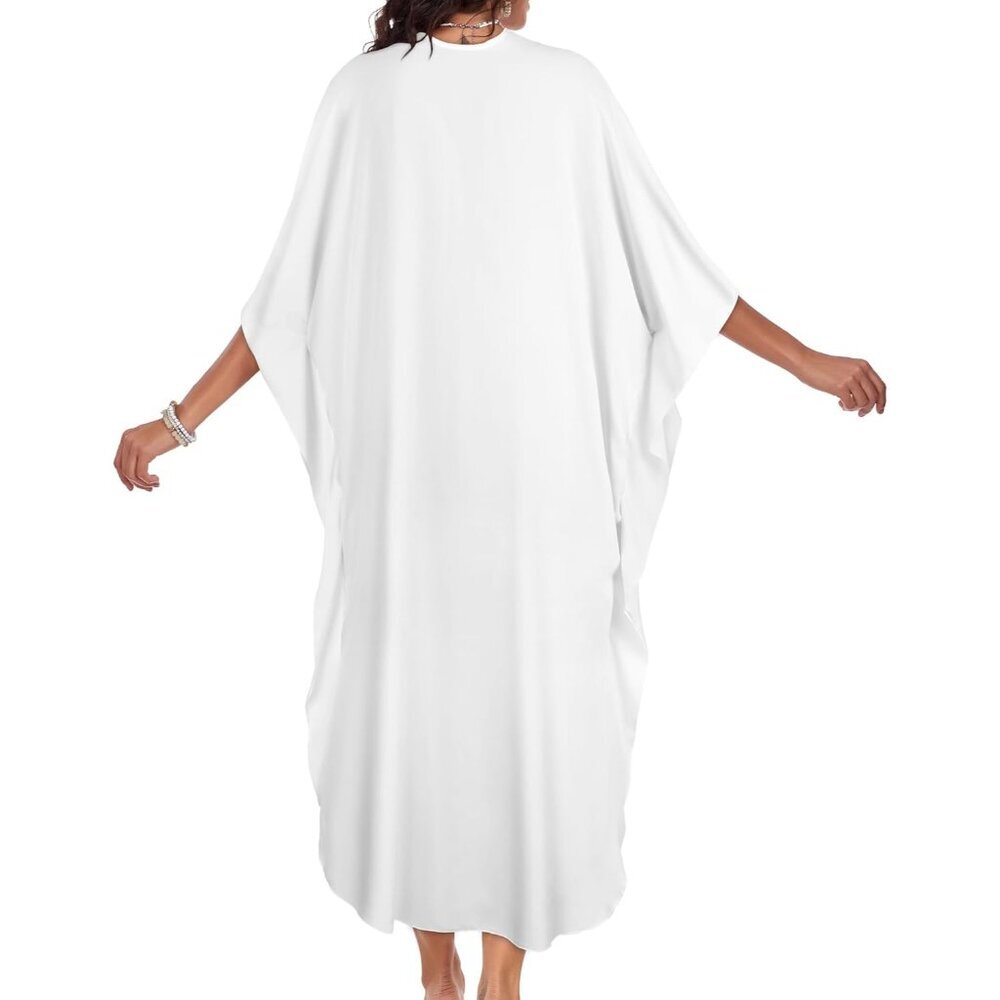Womens White V-Neck Batwing Sleeves Summer Beach Smocked Waist Maxi Kaftan Dress - Picture 6 of 6